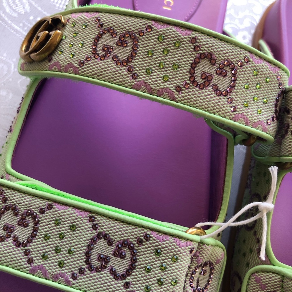 Gucci Crystal Canvas Purple/Lime GG Slides Sandals Women’s Size 39+ US-9 Shoes - Picture 8 of 14